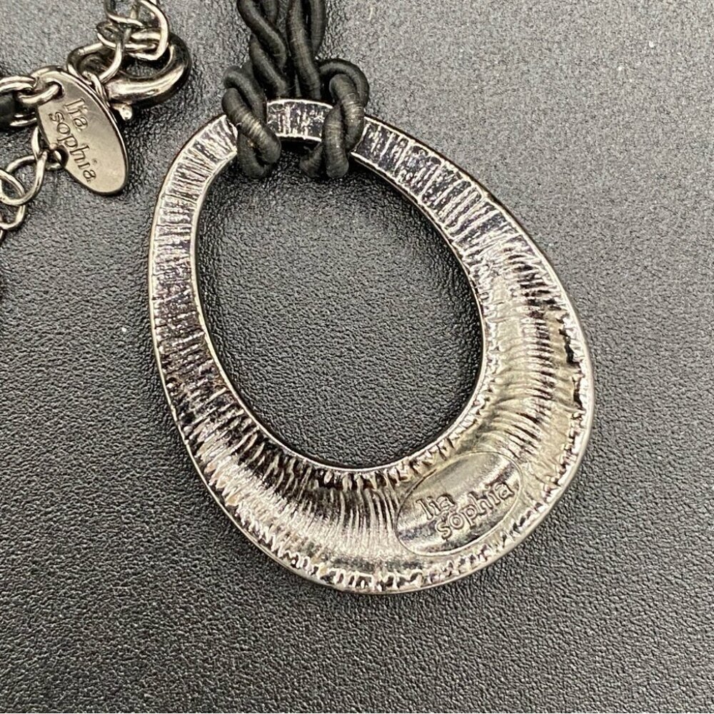 Lia Sophia Retired Black Cord Necklace w/ Sparkly Crystal Teardrop Oval Pendant - Picture 4 of 16